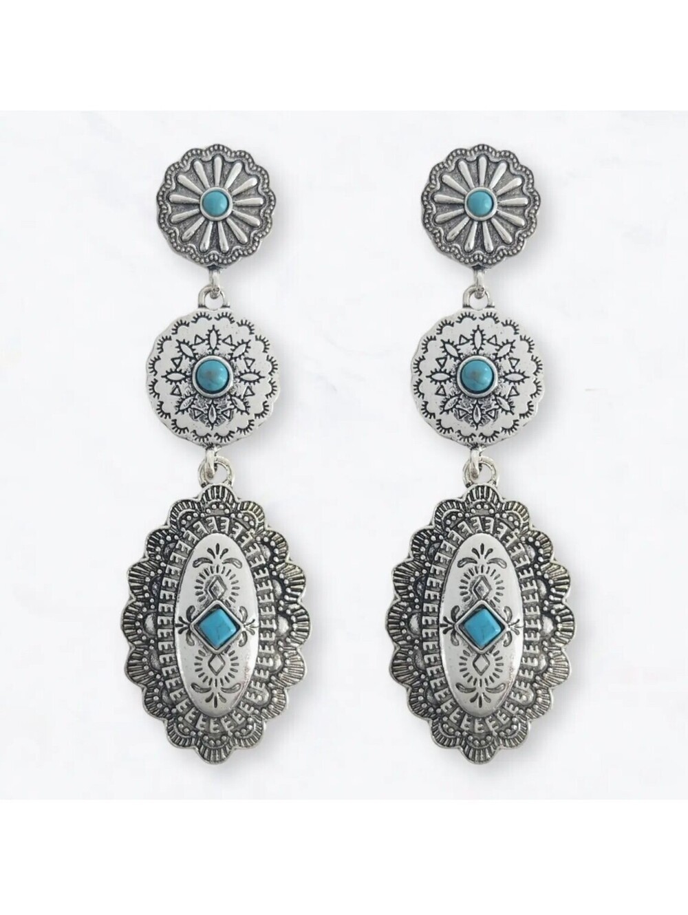 Silver Western Floral Concho Drop Earrings Rodeo, Western, Boutique,